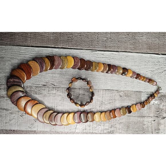 Vintage Exotic Boho Graduated Brown Wooden Disc Necklace Bracelet Statement Gift - Picture 2 of 6